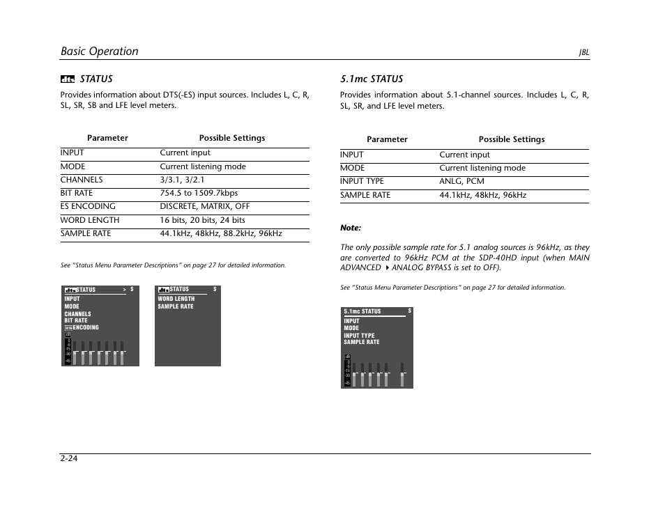 Basic operation, Status, 1mc status | JBL SYNTHESIS SDP-40HD User Manual | Page 36 / 190