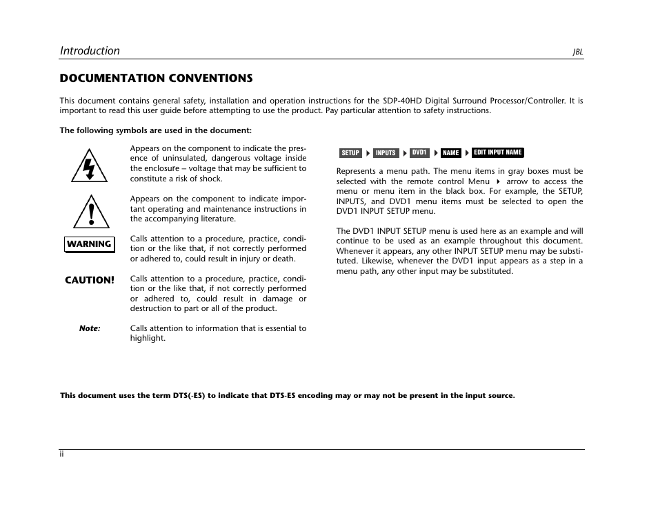 Introduction, Documentation conventions | JBL SYNTHESIS SDP-40HD User Manual | Page 4 / 190