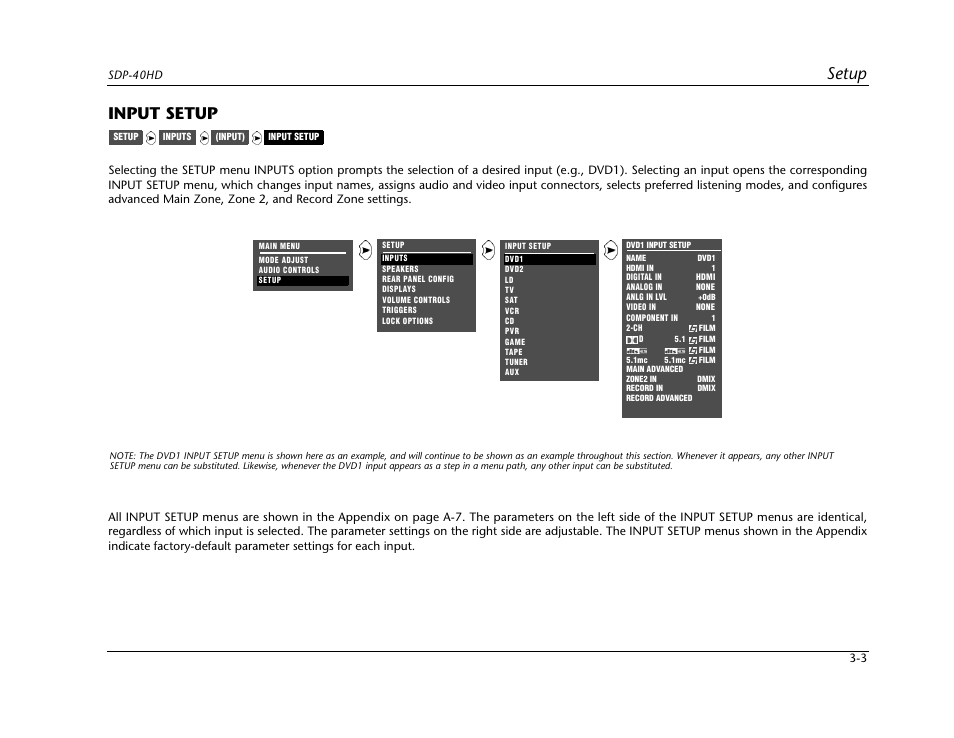 Input setup -3, 3 for m, Setup | Input setup | JBL SYNTHESIS SDP-40HD User Manual | Page 43 / 190