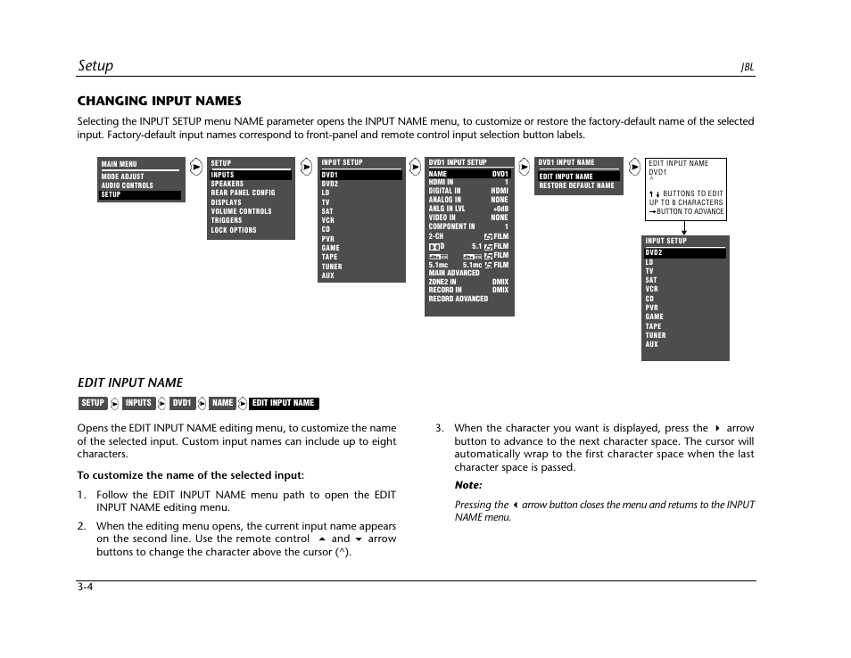 Changing input names -4, Setup, Changing input names | Edit input name | JBL SYNTHESIS SDP-40HD User Manual | Page 44 / 190