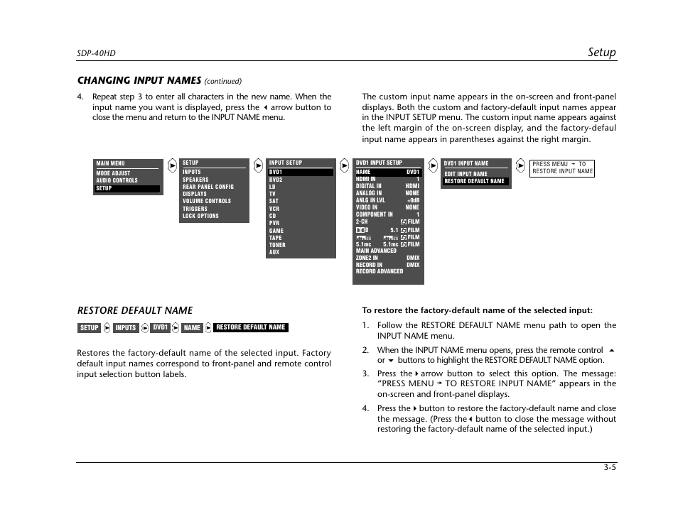 Setup, Changing input names, Restore default name | JBL SYNTHESIS SDP-40HD User Manual | Page 45 / 190