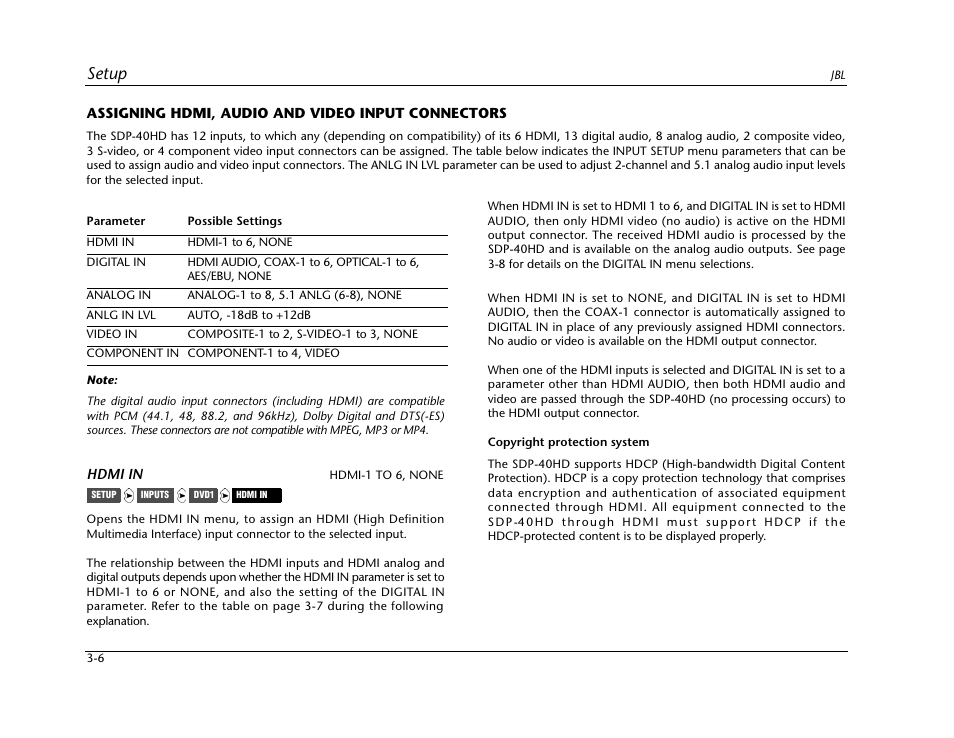 Setup | JBL SYNTHESIS SDP-40HD User Manual | Page 46 / 190