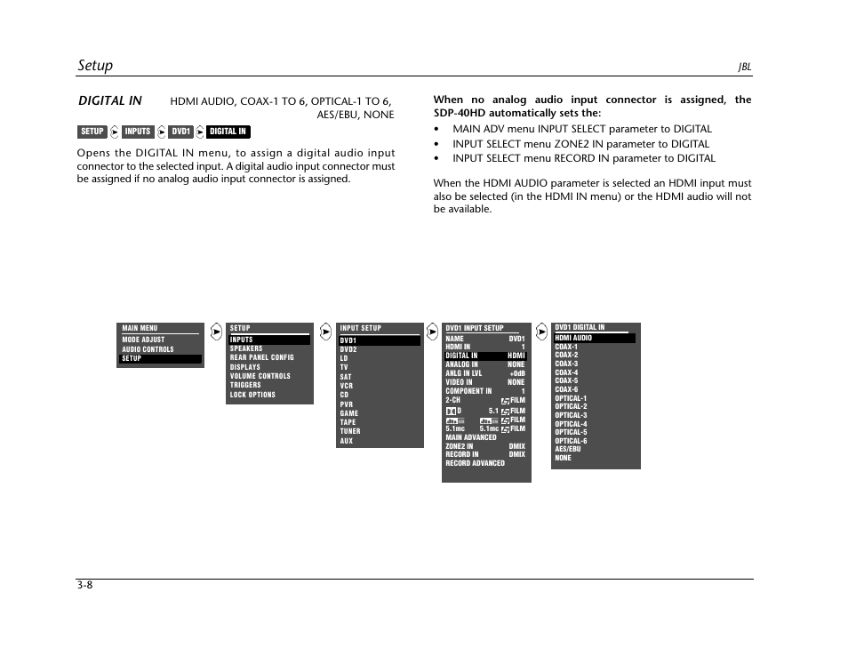 Setup, Digital in | JBL SYNTHESIS SDP-40HD User Manual | Page 48 / 190