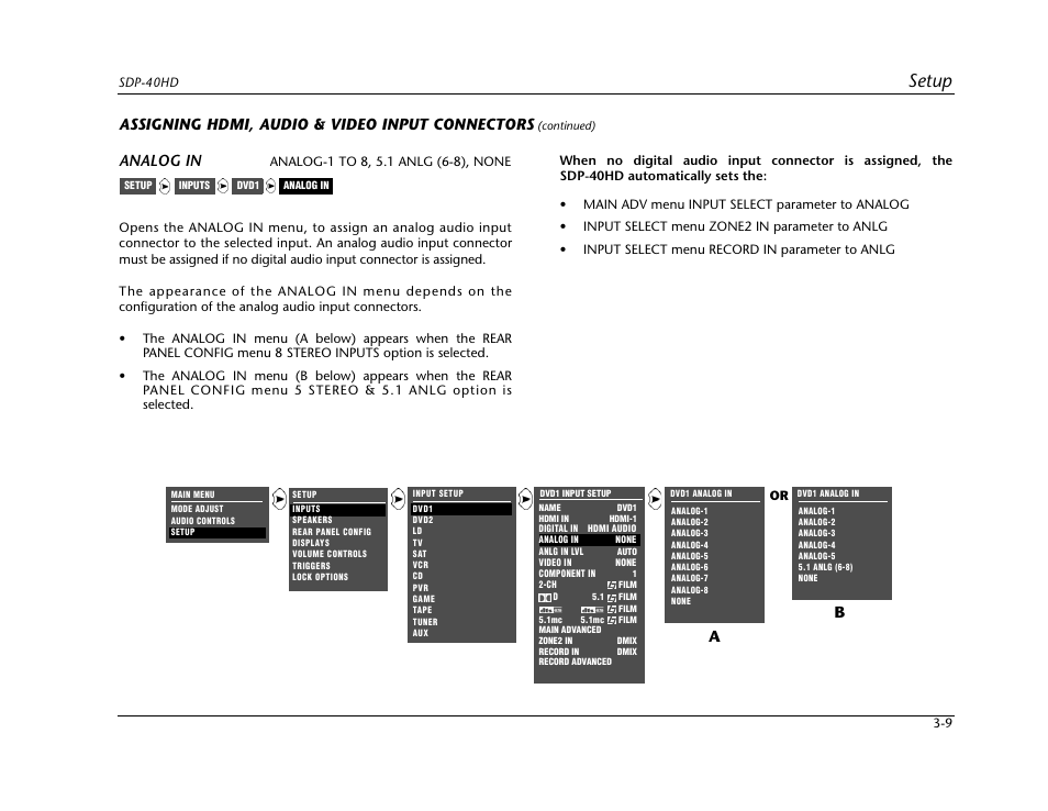 Setup, Assigning hdmi, audio & video input connectors, Analog in | JBL SYNTHESIS SDP-40HD User Manual | Page 49 / 190