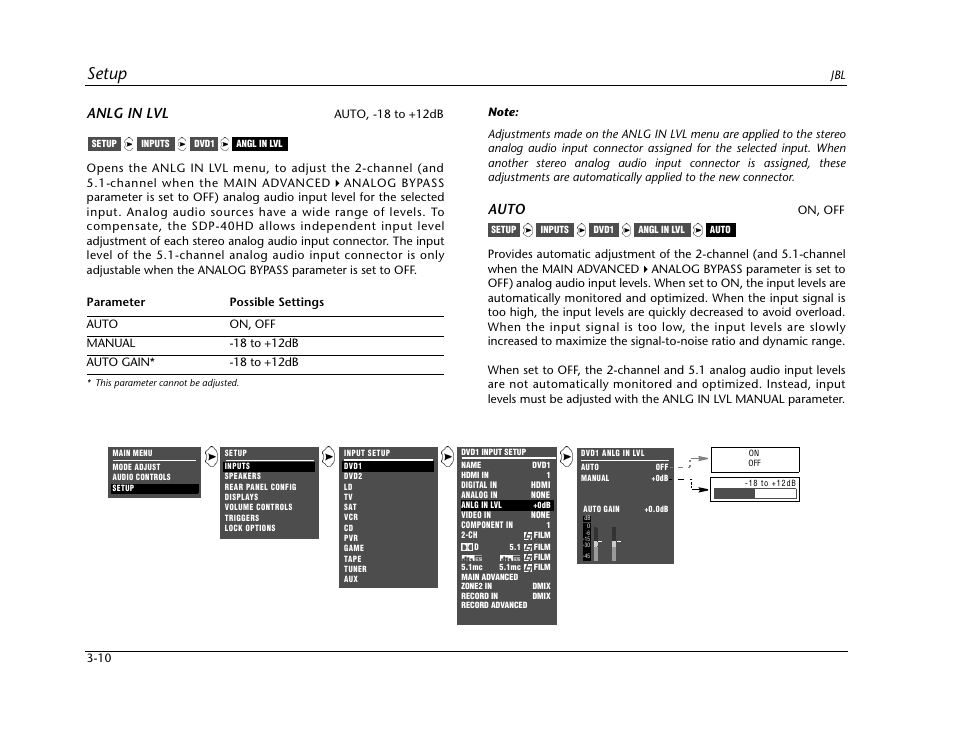 Setup, Anlg in lvl, Auto | JBL SYNTHESIS SDP-40HD User Manual | Page 50 / 190