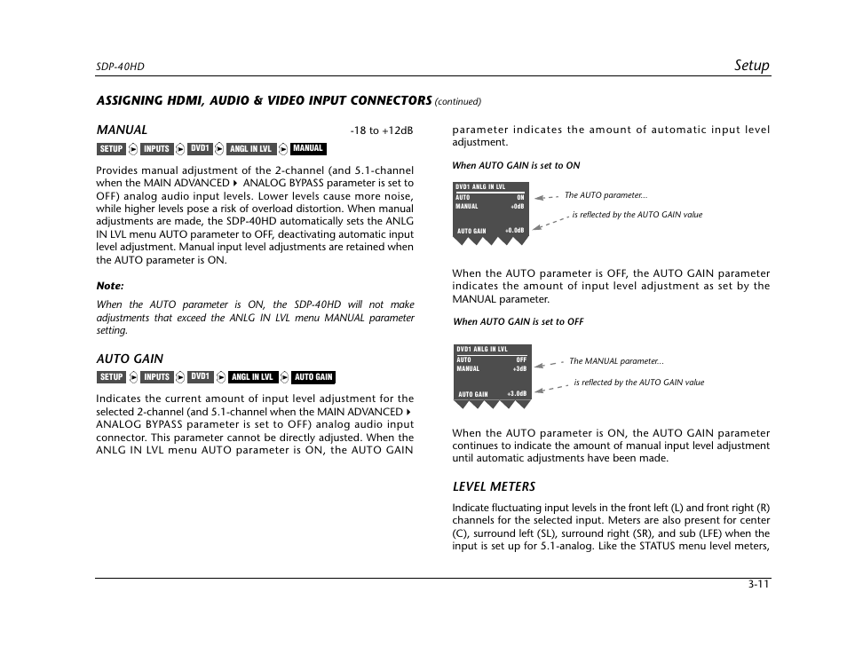 Setup, Assigning hdmi, audio & video input connectors, Manual | Auto gain, Level meters | JBL SYNTHESIS SDP-40HD User Manual | Page 51 / 190