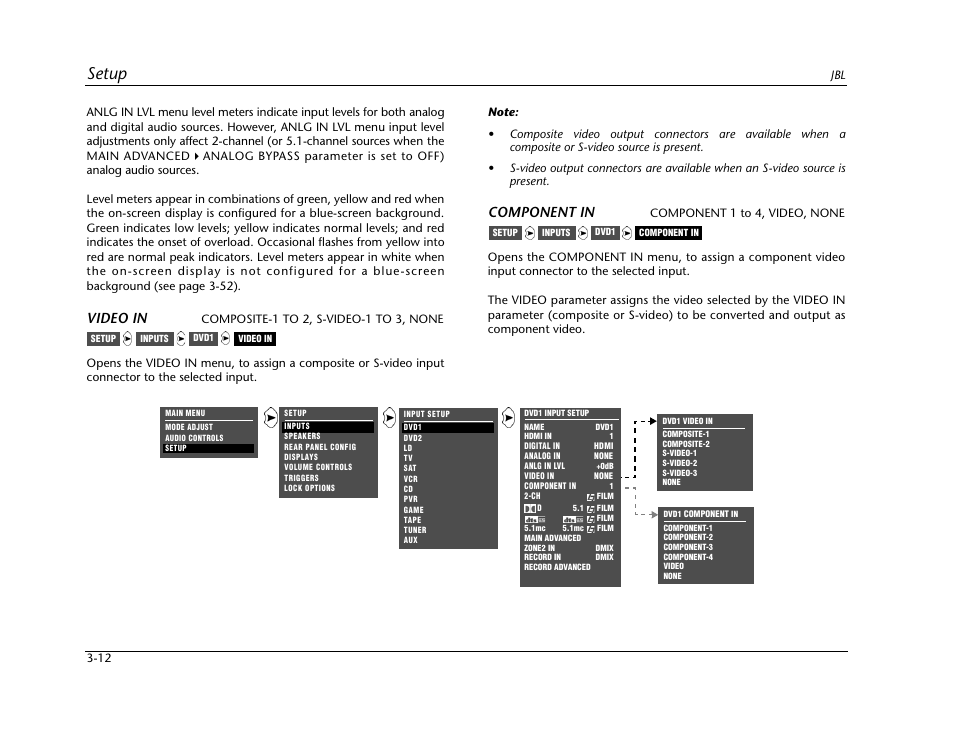 Setup, Video in, Component in | JBL SYNTHESIS SDP-40HD User Manual | Page 52 / 190