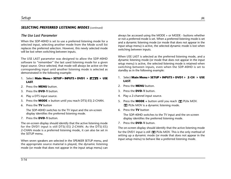 Setup | JBL SYNTHESIS SDP-40HD User Manual | Page 56 / 190