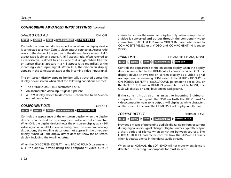 Setup | JBL SYNTHESIS SDP-40HD User Manual | Page 62 / 190