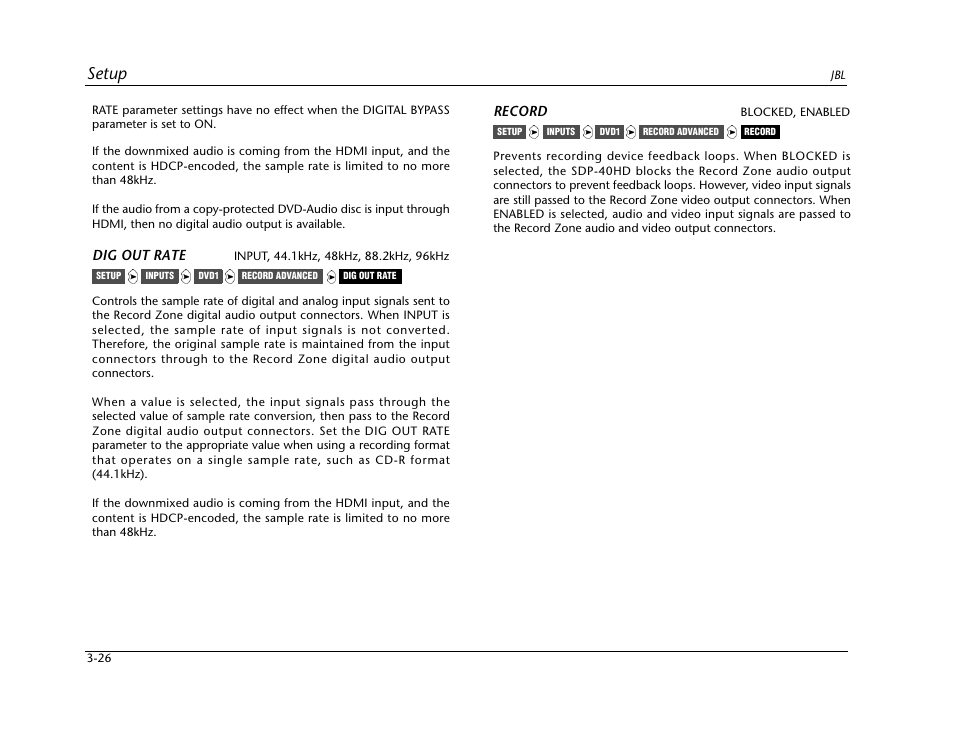 Setup | JBL SYNTHESIS SDP-40HD User Manual | Page 66 / 190