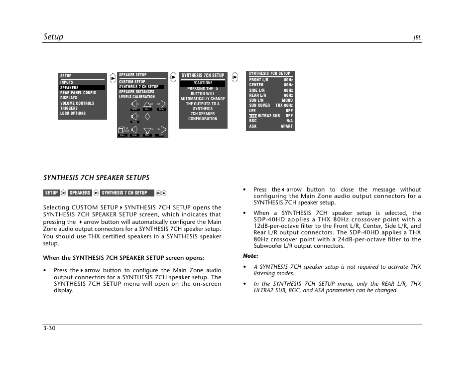 Setup, Synthesis 7ch speaker setups | JBL SYNTHESIS SDP-40HD User Manual | Page 70 / 190