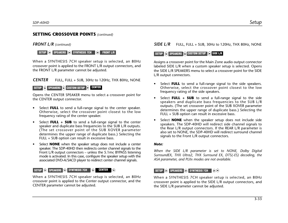 Setup, Setting crossover points, Front l/r | Center, Side l/r | JBL SYNTHESIS SDP-40HD User Manual | Page 73 / 190