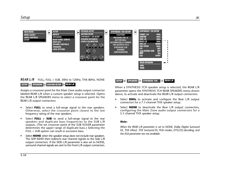 Setup, Rear l/r | JBL SYNTHESIS SDP-40HD User Manual | Page 74 / 190