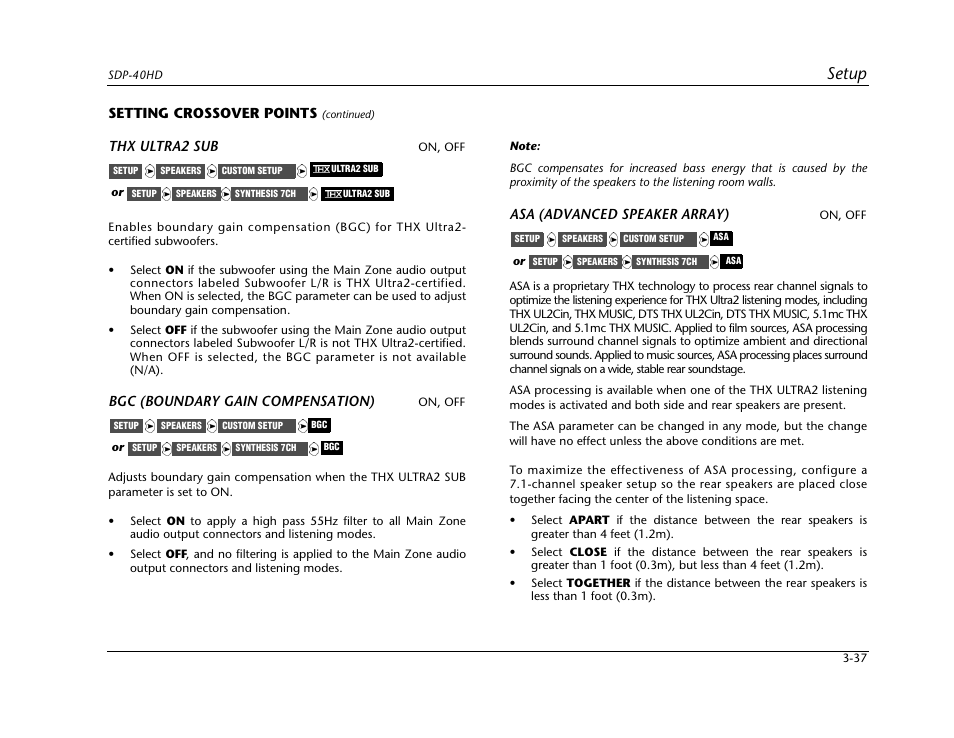 Setup, Setting crossover points, Thx ultra2 sub | Bgc (boundary gain compensation), Asa (advanced speaker array) | JBL SYNTHESIS SDP-40HD User Manual | Page 77 / 190