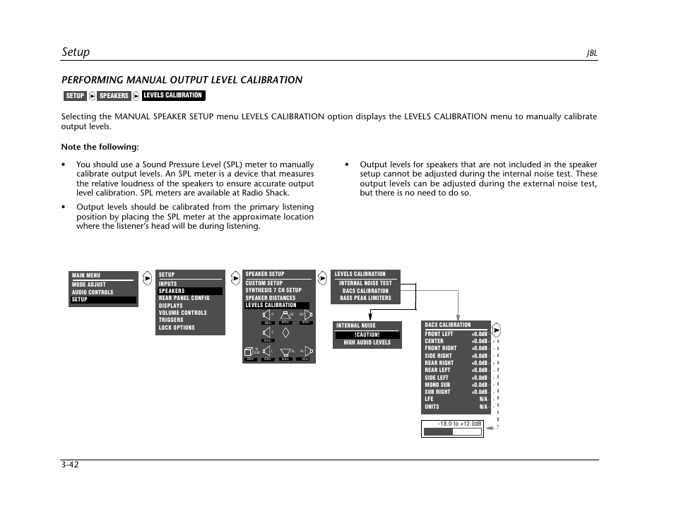 Setup, Performing manual output level calibration | JBL SYNTHESIS SDP-40HD User Manual | Page 82 / 190