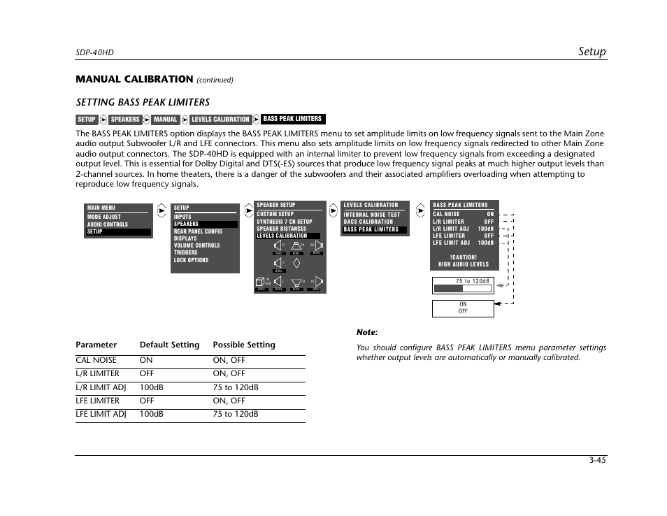 Setup, Manual calibration, Setting bass peak limiters | JBL SYNTHESIS SDP-40HD User Manual | Page 85 / 190