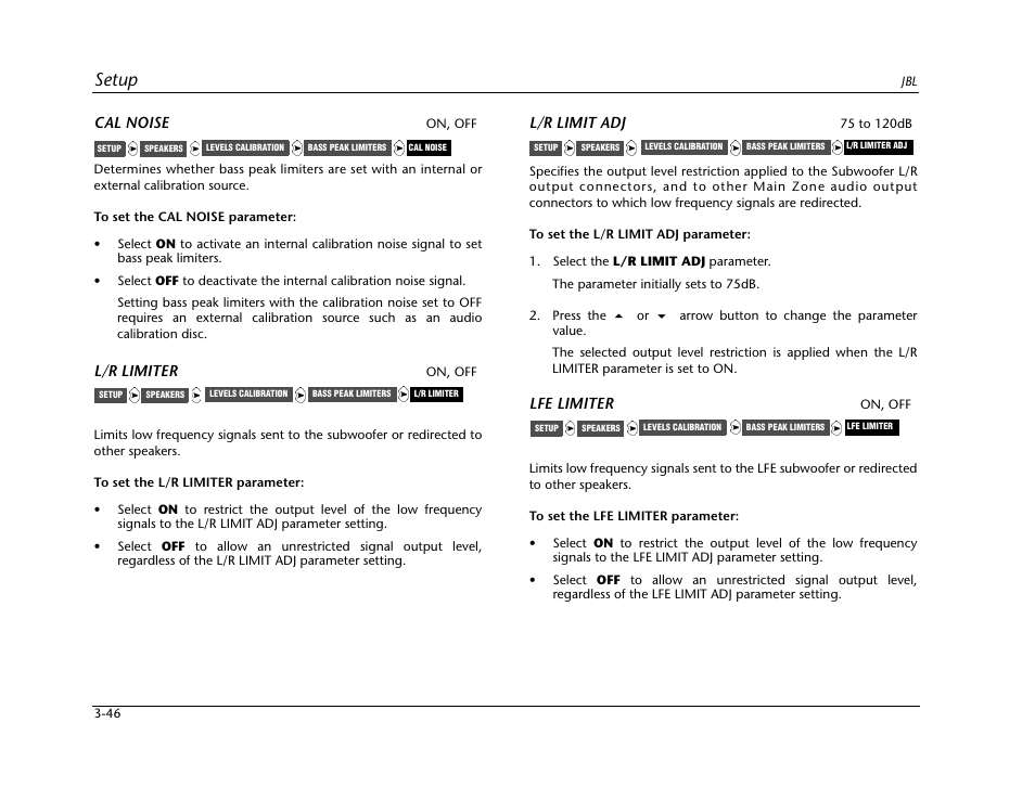 Setup, Cal noise, L/r limiter | L/r limit adj, Lfe limiter | JBL SYNTHESIS SDP-40HD User Manual | Page 86 / 190