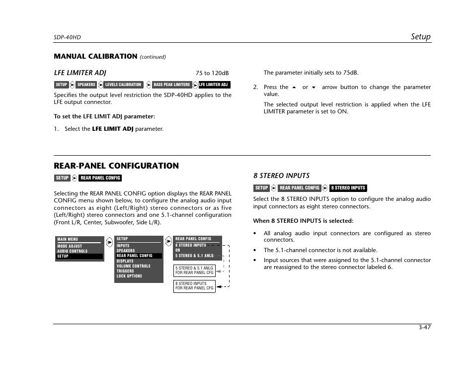 Rear-panel configuration -47, 47 for more, Setup | Rear-panel configuration, Manual calibration, Lfe limiter adj, 8 stereo inputs | JBL SYNTHESIS SDP-40HD User Manual | Page 87 / 190