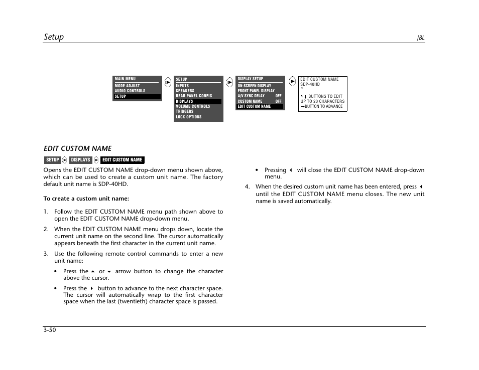 Setup, Edit custom name | JBL SYNTHESIS SDP-40HD User Manual | Page 90 / 190