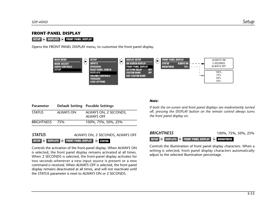 Front-panel display -53, Setup, Front-panel display | Status, Brightness | JBL SYNTHESIS SDP-40HD User Manual | Page 93 / 190