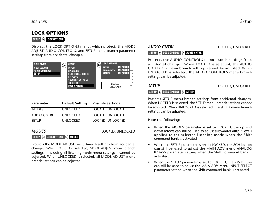 Lock options -59, Setup, Lock options | Modes, Audio cntrl | JBL SYNTHESIS SDP-40HD User Manual | Page 99 / 190