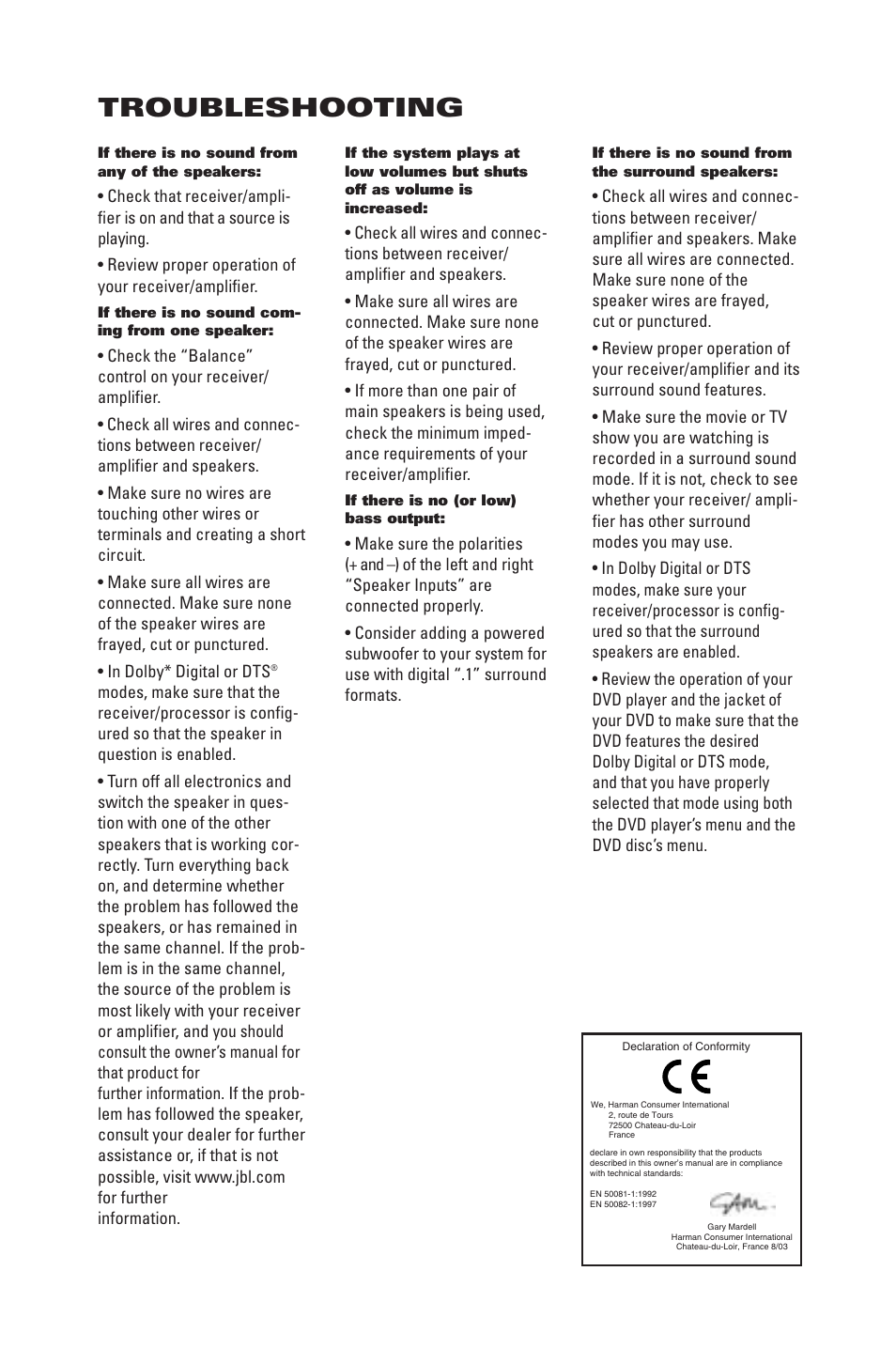 Troubleshooting | JBL E90 User Manual | Page 3 / 4