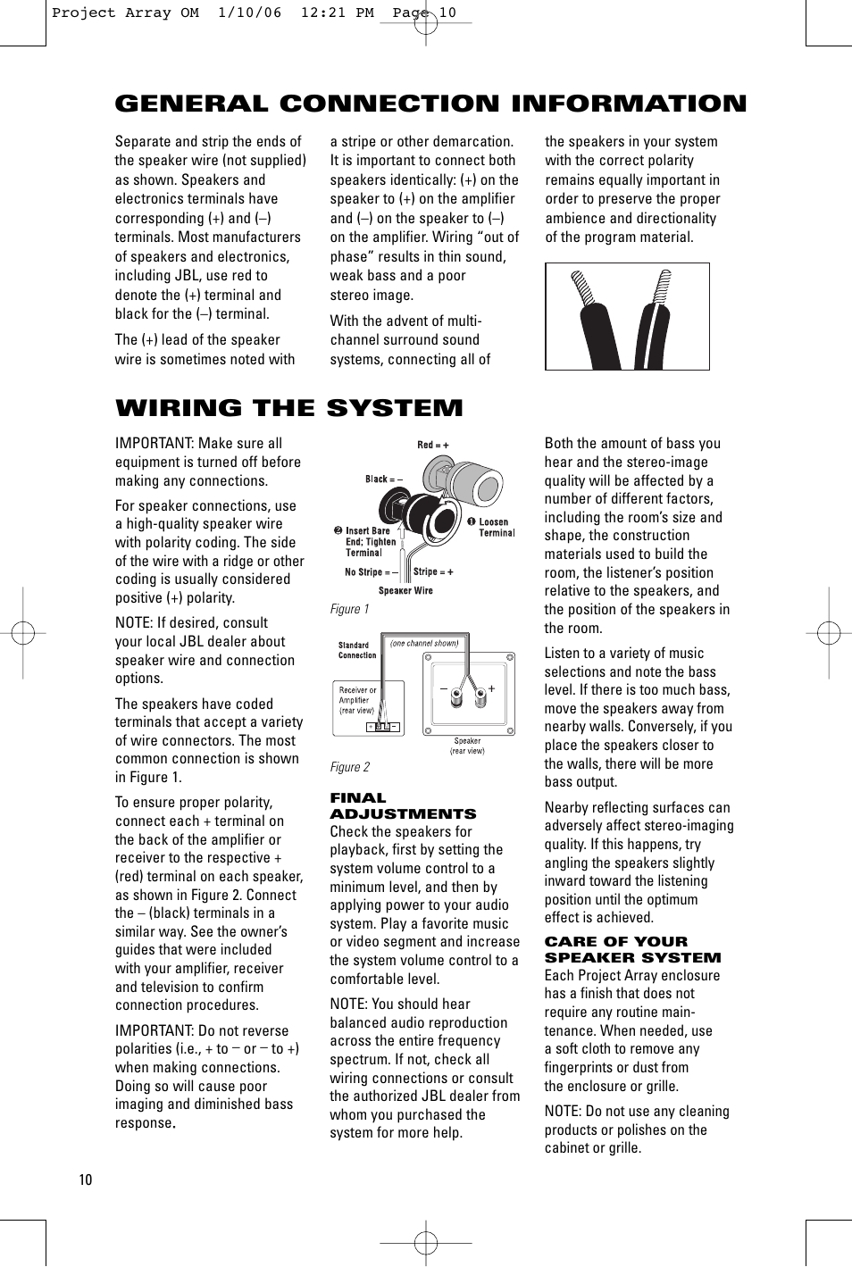 Wiring the system, General connection information | JBL 1000 ARRAY User Manual | Page 10 / 12