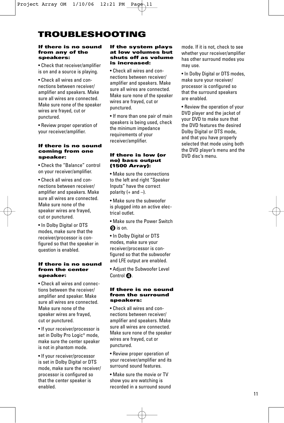 Troubleshooting | JBL 1000 ARRAY User Manual | Page 11 / 12