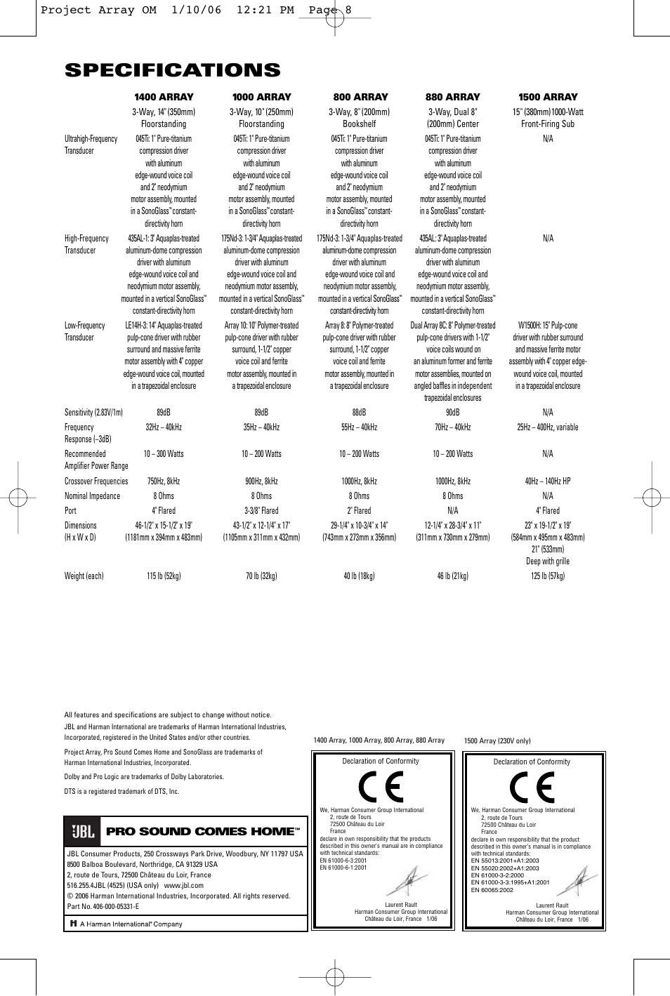 Specifications | JBL 1000 ARRAY User Manual | Page 12 / 12