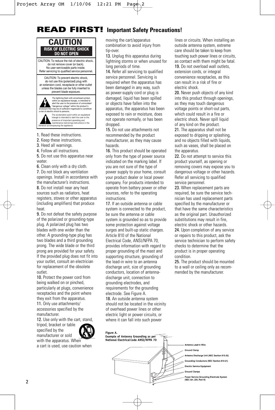 Caution, Read first, Important safety precautions | Risk of electric shock do not open | JBL 1000 ARRAY User Manual | Page 2 / 12