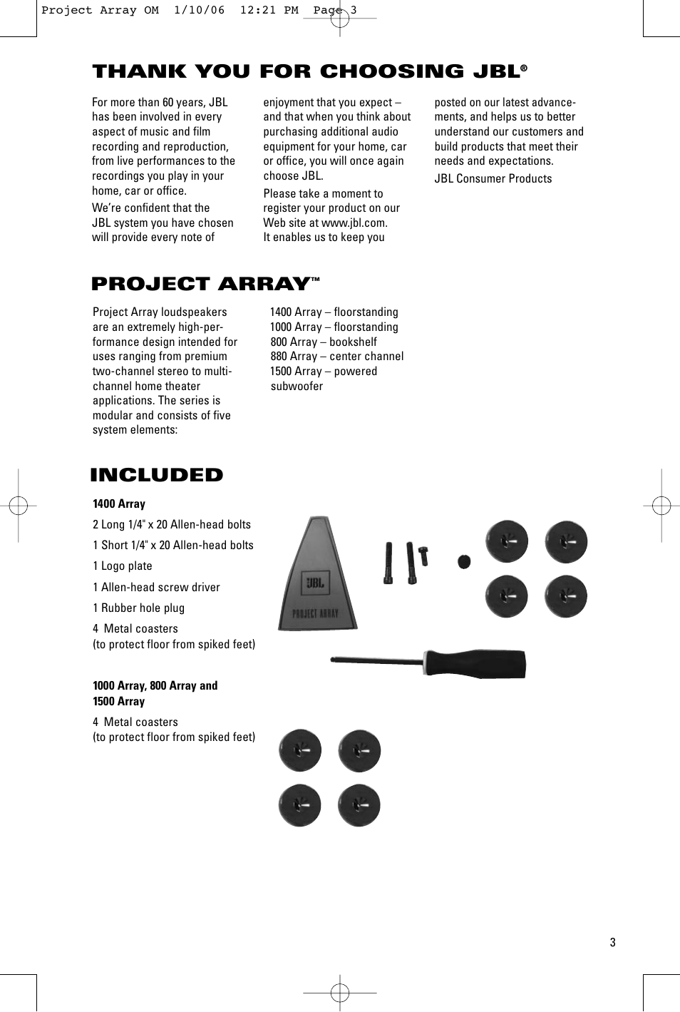 Included, Project array | JBL 1000 ARRAY User Manual | Page 3 / 12