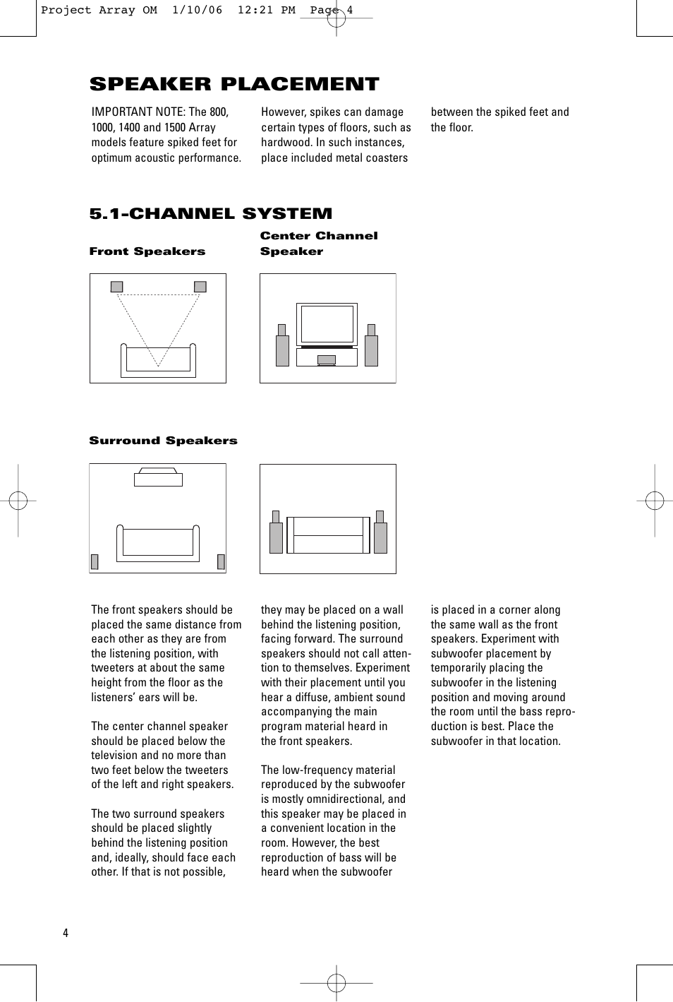 Speaker placement, Channel system | JBL 1000 ARRAY User Manual | Page 4 / 12