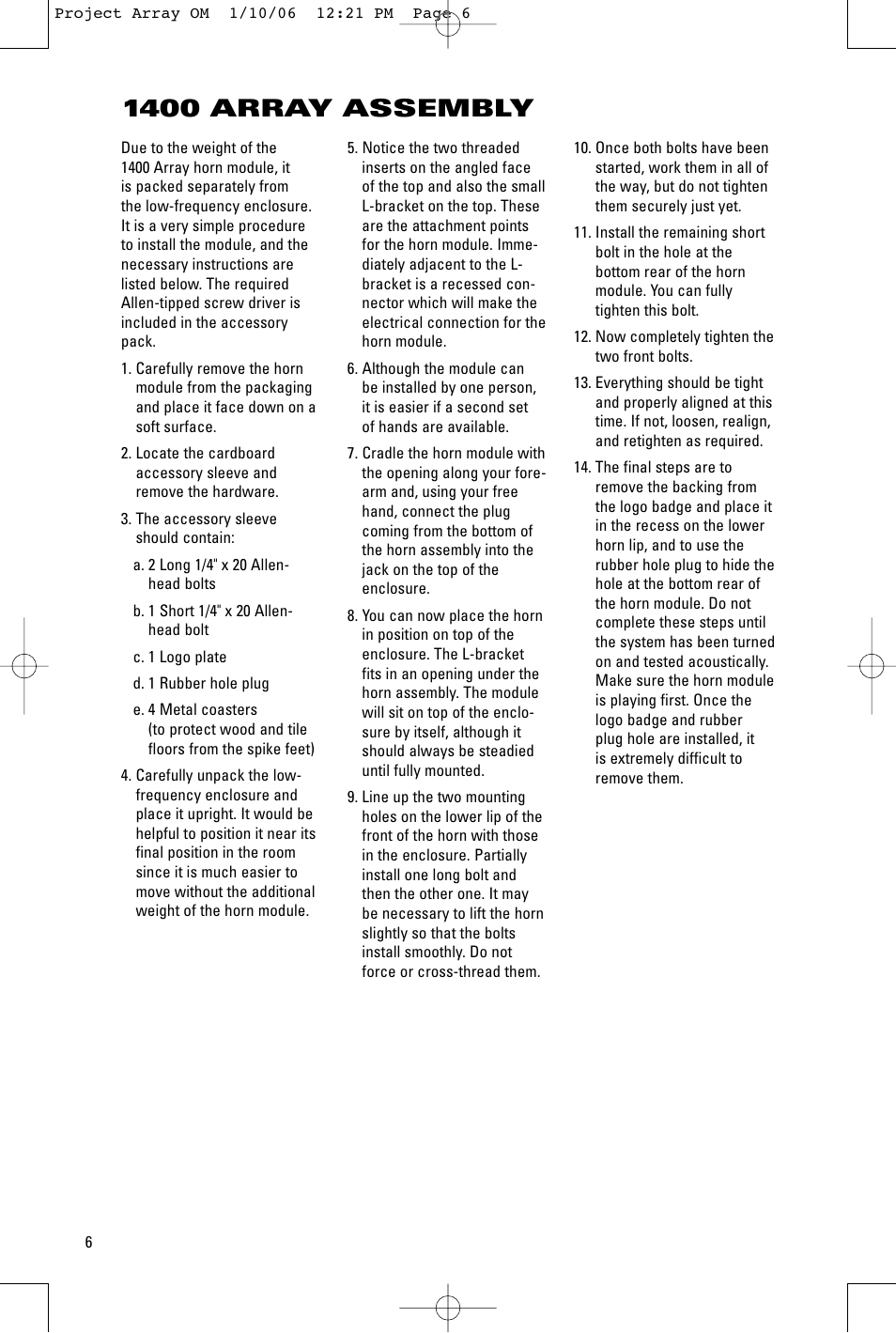 1400 array assembly | JBL 1000 ARRAY User Manual | Page 6 / 12