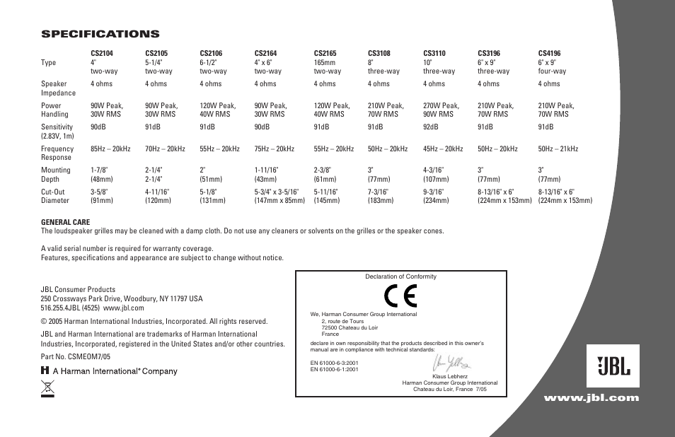 JBL CS2106 User Manual | Page 4 / 4