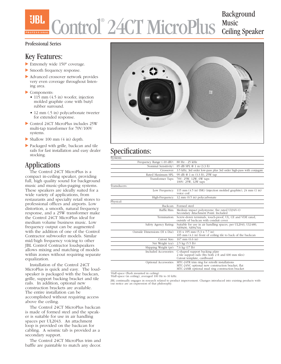 JBL Control MicroPlus background music ceiling speaker 24CT User Manual | 4 pages