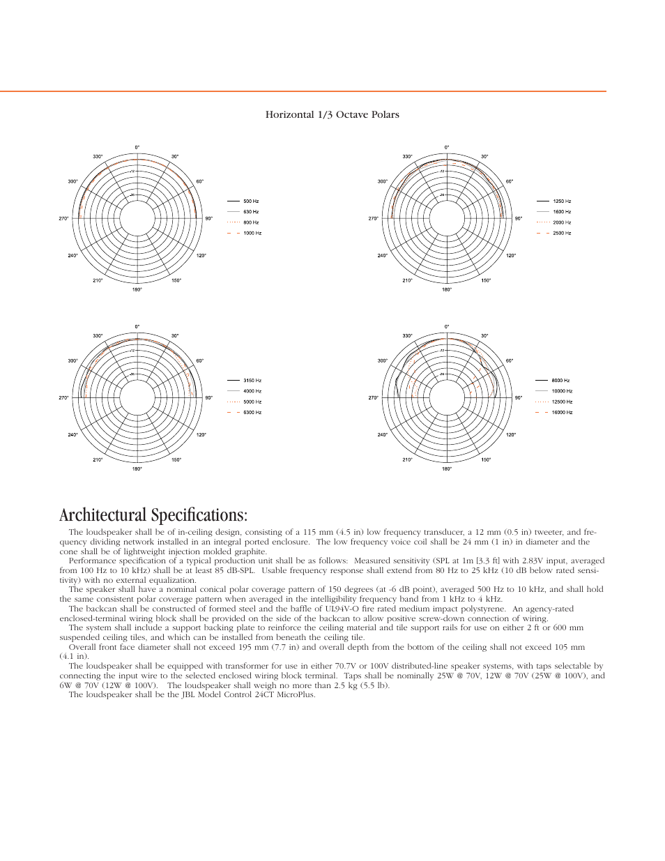 Architectural specifications | JBL Control MicroPlus background music ceiling speaker 24CT User Manual | Page 3 / 4