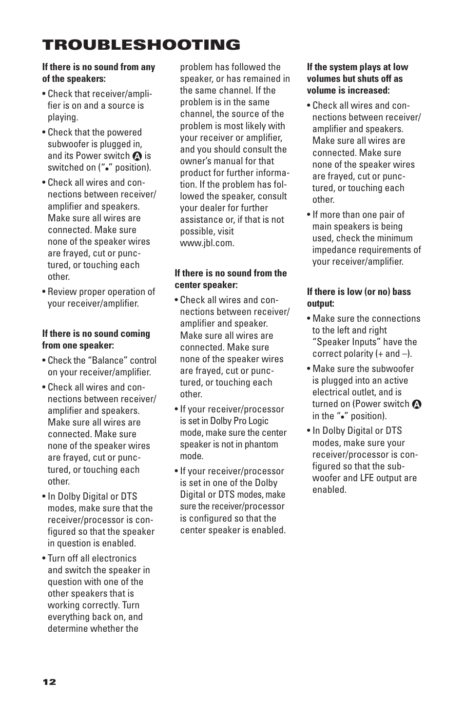 Troubleshooting | JBL SCS200.6/230 User Manual | Page 12 / 14