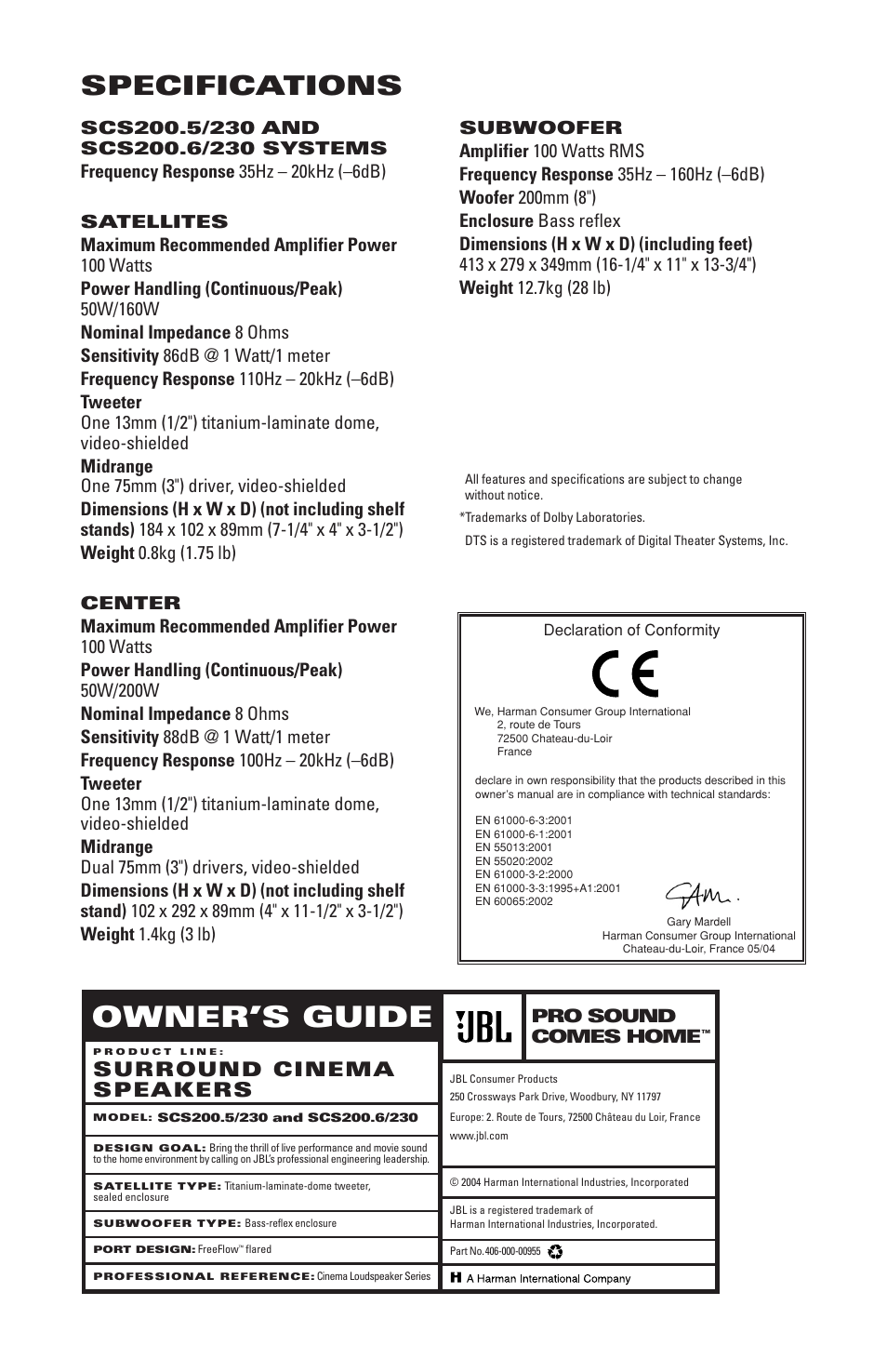 Owner’s guide, Specifications, Surround cinema speakers | Pro sound comes home | JBL SCS200.6/230 User Manual | Page 14 / 14