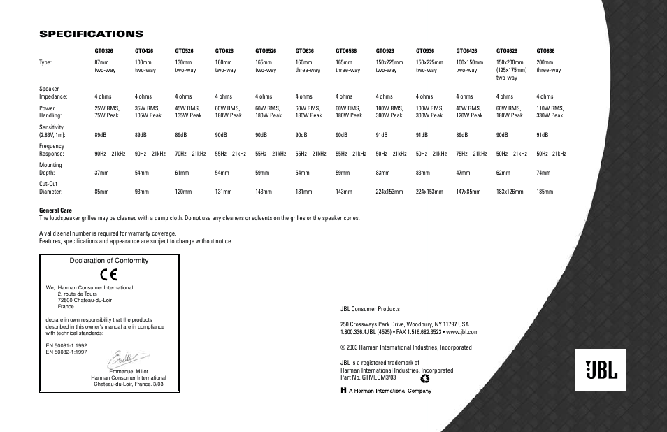 Specifications | JBL GTO6526 User Manual | Page 4 / 4