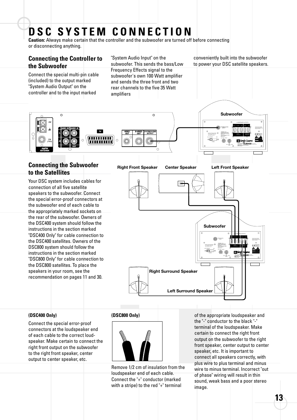 Connecting the controller to the subwoofer, Connecting the subwoofer to the satellites, Right front speaker | Subwoofer | JBL DSC 800 User Manual | Page 15 / 50