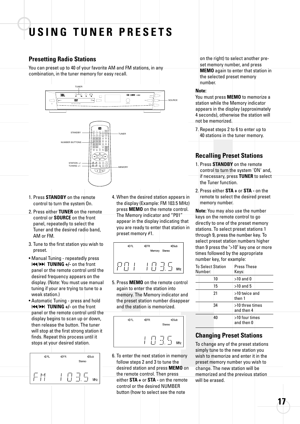 Presetting radio stations, Recalling preset stations, Changing preset stations | JBL DSC 800 User Manual | Page 19 / 50