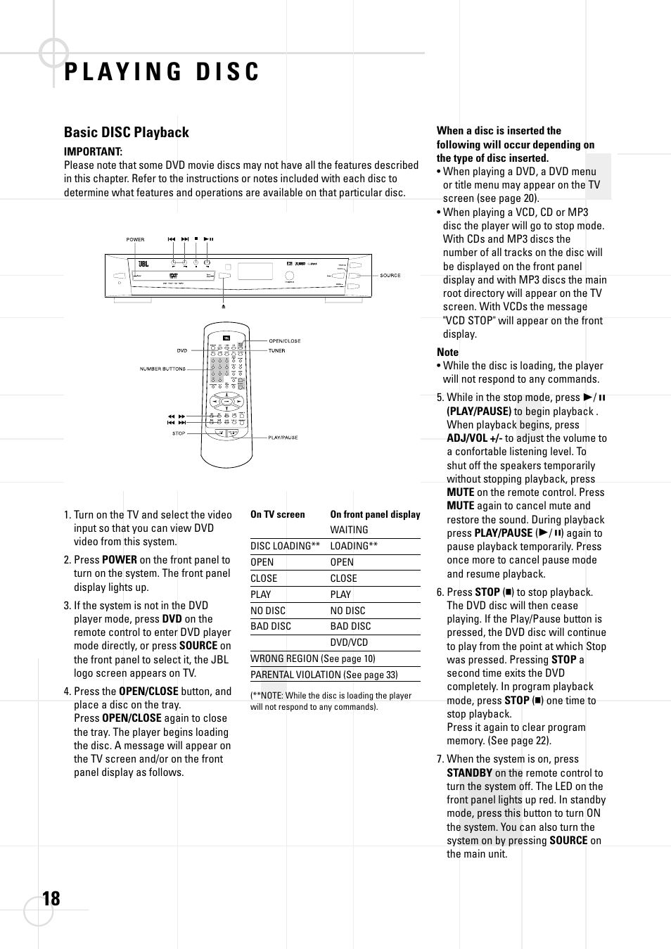 Basic disc playback | JBL DSC 800 User Manual | Page 20 / 50