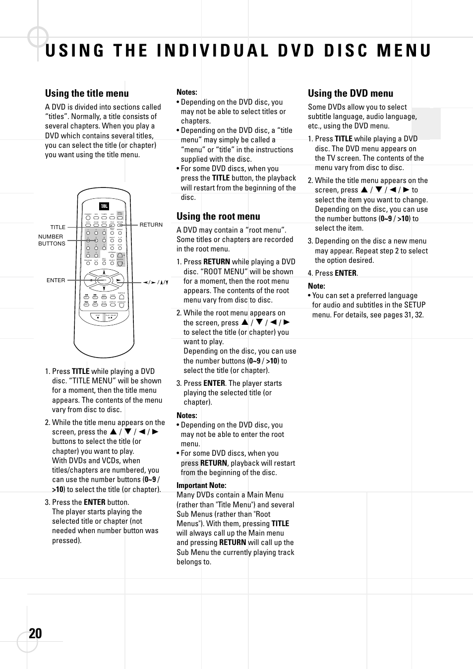 Using the title menu, Using the root menu, Using the dvd menu | JBL DSC 800 User Manual | Page 22 / 50