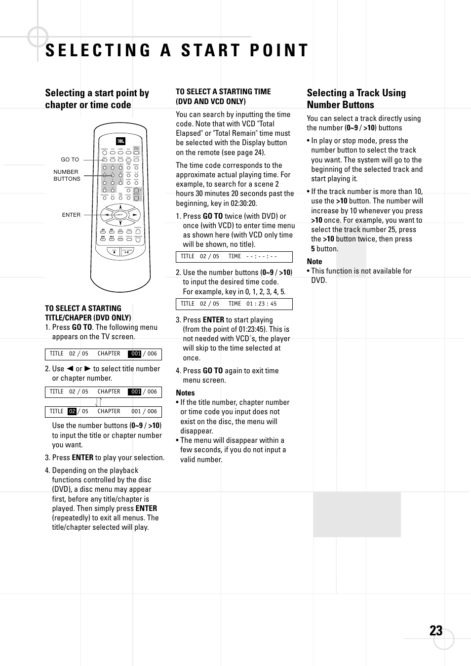 Selecting a start point by chapter or time code, Selecting a track using number buttons | JBL DSC 800 User Manual | Page 25 / 50