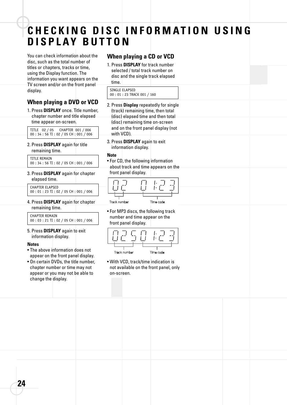 When playing a dvd or vcd, When playing a cd or vcd | JBL DSC 800 User Manual | Page 26 / 50