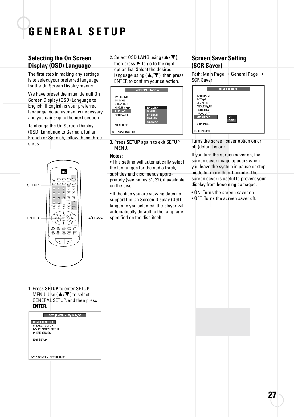 Selecting the on screen display (osd) language, Screen saver setting (scr saver) | JBL DSC 800 User Manual | Page 29 / 50