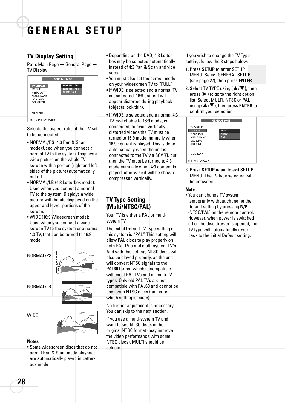 Tv display setting, Tv type setting (multi/ntsc/pal) | JBL DSC 800 User Manual | Page 30 / 50