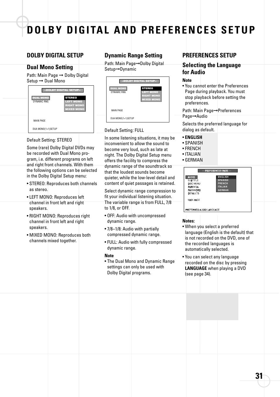 Dolby digital setup dual mono setting, Dynamic range setting, Preferences setup selecting the language for audio | JBL DSC 800 User Manual | Page 33 / 50