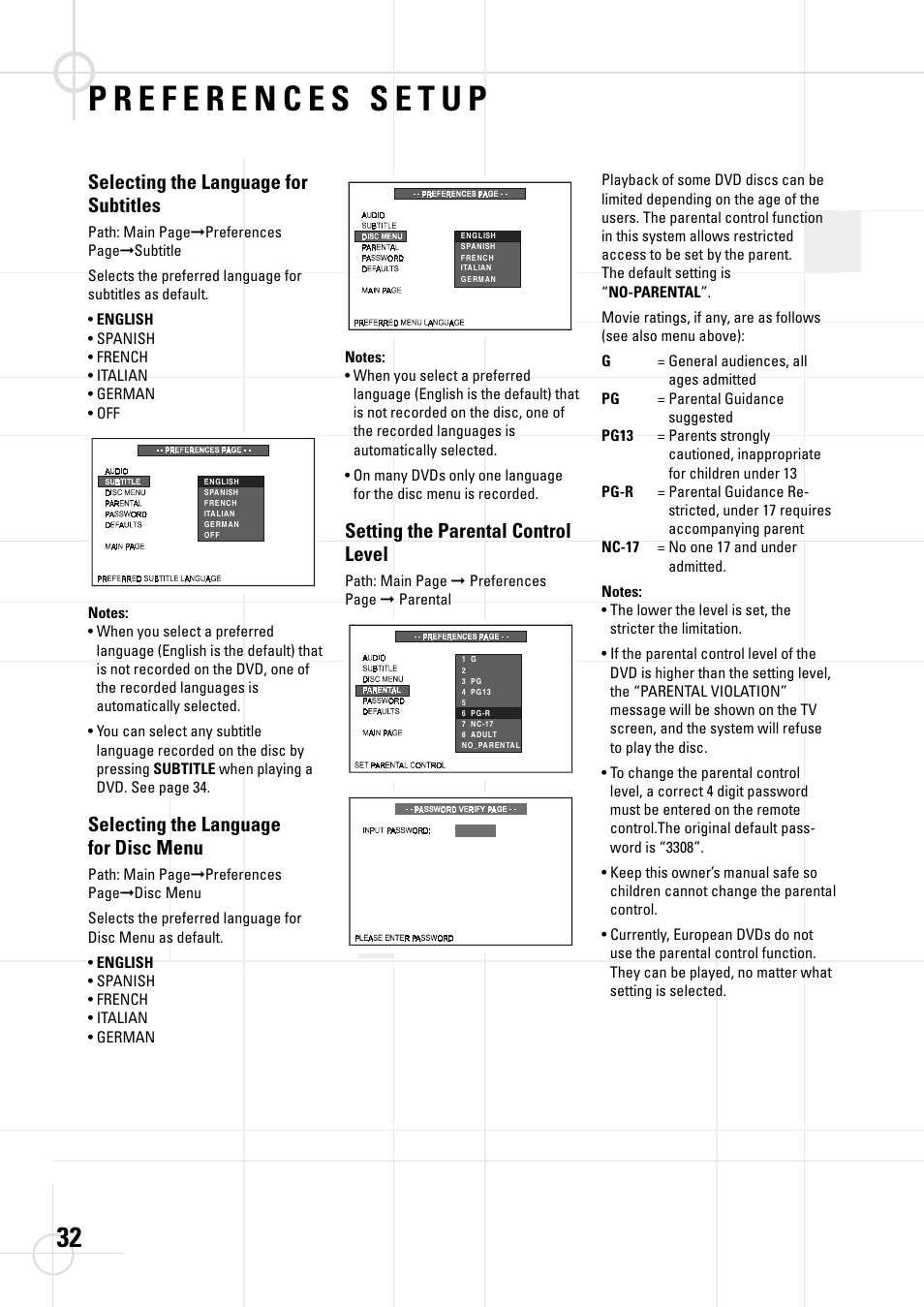 Selecting the language for subtitles, Selecting the language for disc menu, Setting the parental control level | JBL DSC 800 User Manual | Page 34 / 50