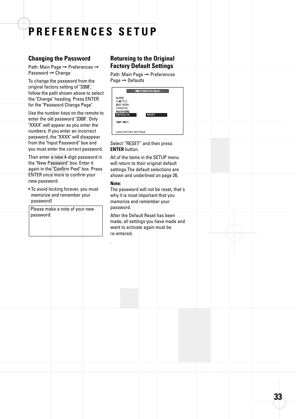 Changing the password, Returning to the original factory default settings | JBL DSC 800 User Manual | Page 35 / 50